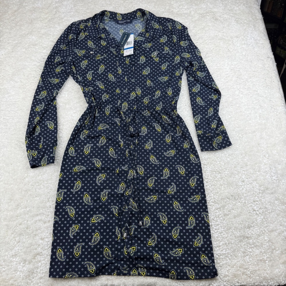 Jones New York Shirt Dress Women XL Navy Paisley Stretch Long Sleeve NWT